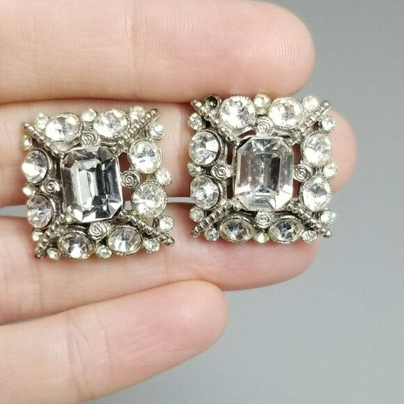 Vintage Rhinestone Cluster Clip On Earrings, Silver Tone Square Shape, Retro - Picture 7 of 8